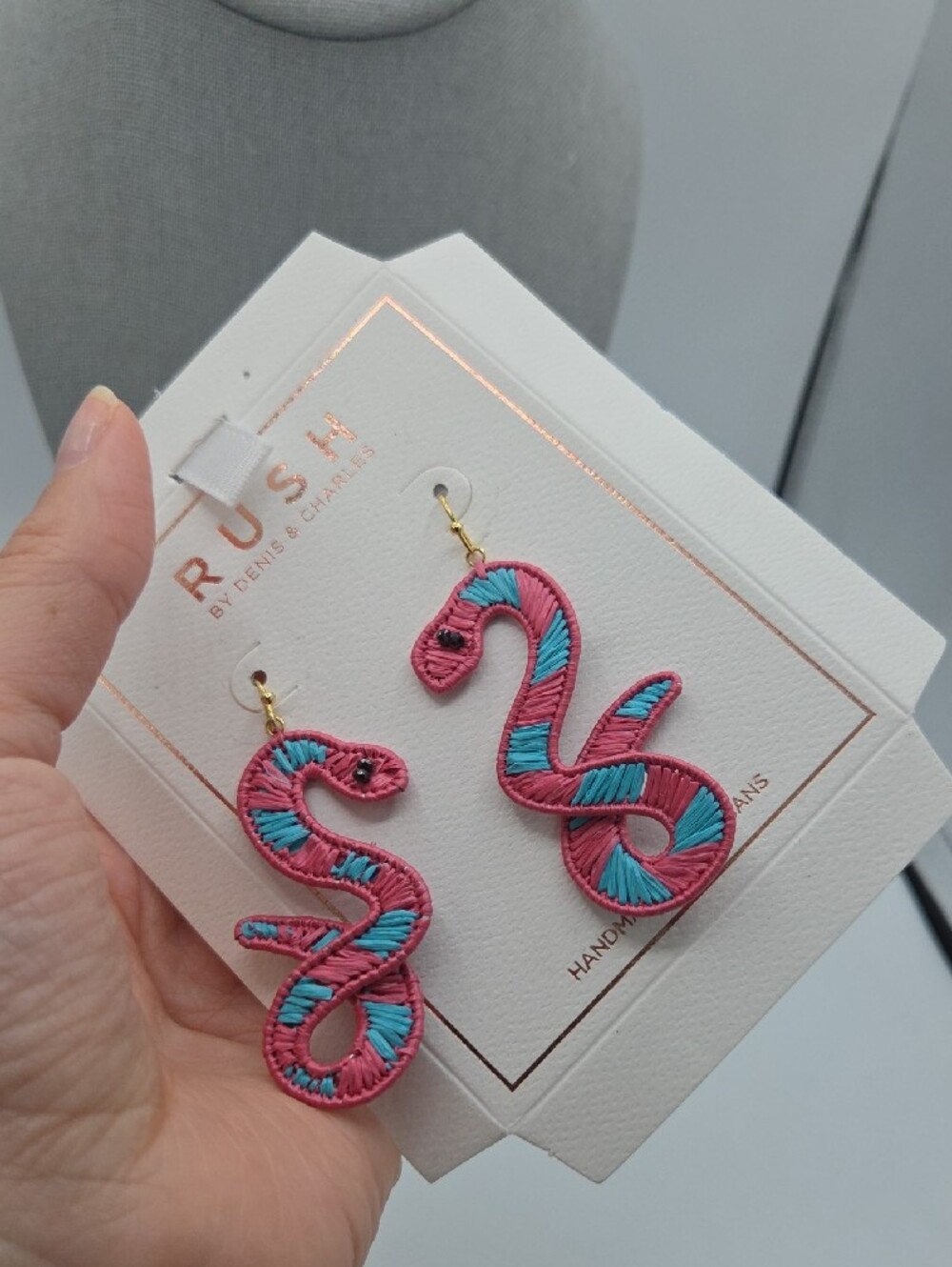 5 for $25! RUSH by Denis & Charles Pink & Blue Snake Drop Earrings - Picture 3 of 5